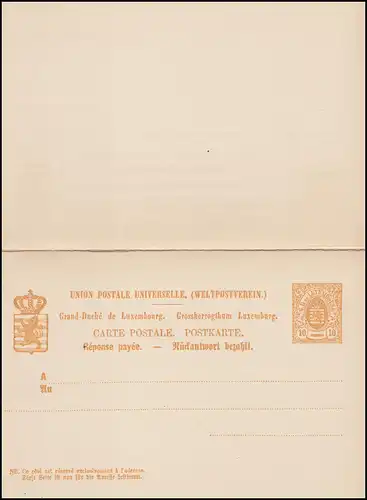 Luxemburg Postkarte P 34 Wappen im Oval 10/10, Oberkante gefalzt, ungebraucht 