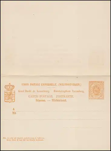 Luxembourg Carte postale P 34 Armoiries dans l'oval 10/10, bord supérieur plié, non utilisé