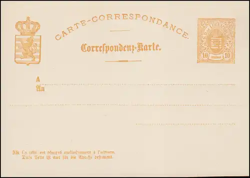 Luxemburg Postkarte P 22 Wappen im Oval 10 C., 3 Anschriftenzeilen, ungebraucht 