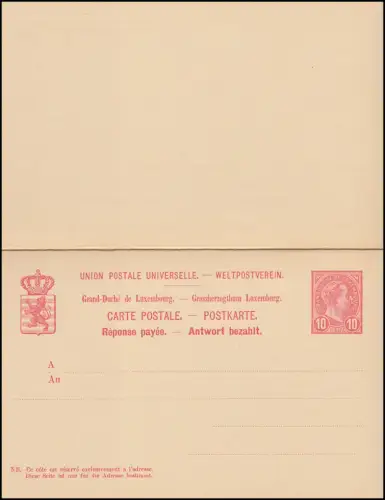 Luxembourg Carte postale P 56 Grand-Duc Adolf Carte double 10/10 C. non utilisée