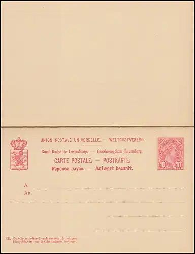 Luxemburg Postkarte P 56 Großherzog Adolf Doppelkarte 10/10 C. ungebraucht 