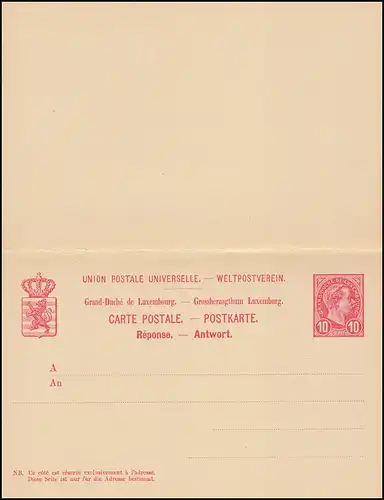 Luxemburg Postkarte P 56 Großherzog Adolf Doppelkarte 10/10 C. ungebraucht 