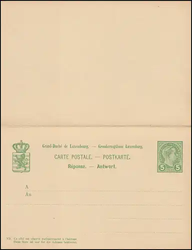 Luxemburg Postkarte P 55 Großherzog Adolf Doppelkarte 5/5 C. ungebraucht **/MNH