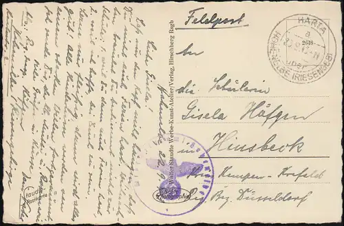 BS Service de notification de la défense Hohenelbe sur AK Broche, HARTA HÖSTENELBE/RIESENGEB 23.9.43