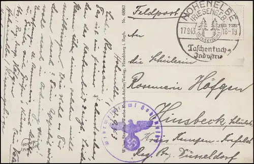 BS Wehrmeldeamt Hohenelbe, AK Schneegrubenbaude, SSt HOHENELBE 17.9.43