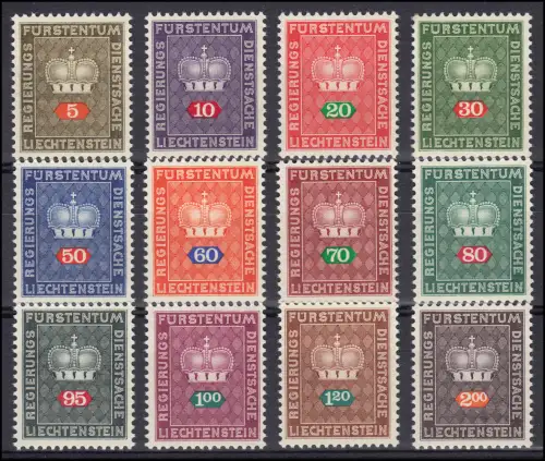 D45-56 Liechtenstein Dienst Fürstenkrone, 12 Werte komplett, Satz ** postfrisch