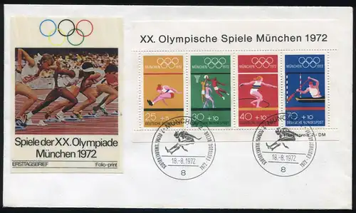 Block 8 Olympiade-Sportarten 1972 auf FDC mit ESSt München Weitsprung 18.8.72