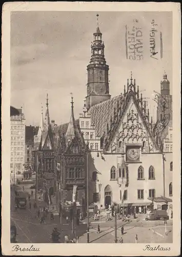 Poste de terrain AK Wroclaw Hôtel de ville avec timbre, BRESLAU 2 - 30.11.42