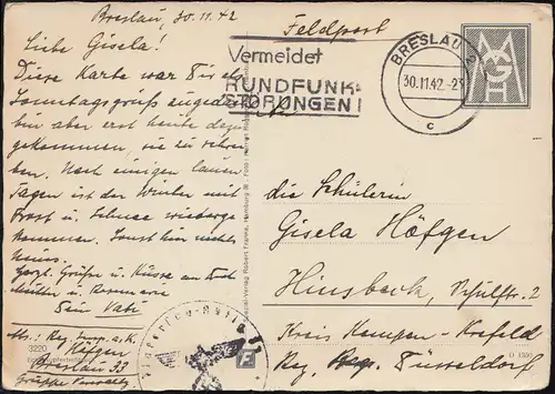 Feldpost AK Breslau Rathaus mit Briefstempel, BRESLAU 2 - 30.11.42