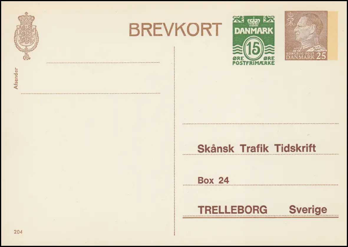 Dänemark Postkarte P 262 Frederik IX. 15+25 Öre, Kz. 205, TRELLEBORG, **