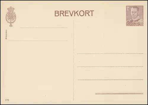 Danemark Carte postale P 243I Frederik IX. 20 Öre, 4ème ligne, Kz. 179, **