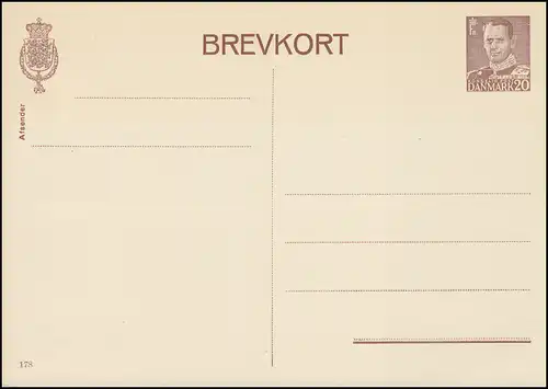Danemark Carte postale P 243I Frederik IX. 20 Öre, 4ème ligne, Kz. 178, **