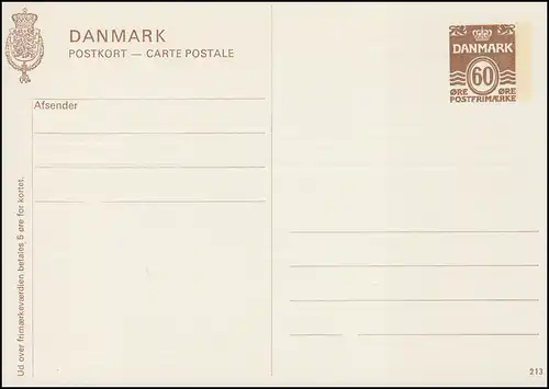 Danemark Carte postale P 271, paragraphe 60 Öre, Kz. 213, Helbredskort, **