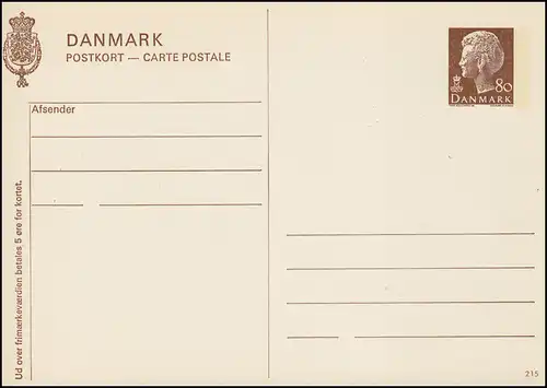 Dänemark Postkarte P 273 Königin Margrethe 80 Öre, Kz. 215, **