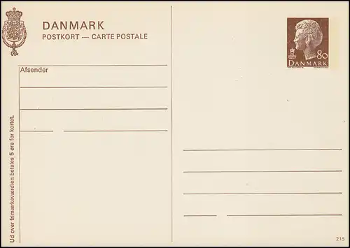 Danemark Carte postale P 273 Reine Margrethe 80 Öre, Kz. 215, **