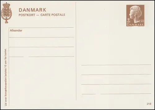 Dänemark Postkarte P 276 Königin Margrethe 130 Öre, Kz. 218, **