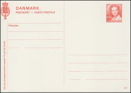 Dänemark Postkarte P 278II Königin Margrethe 2,50 Kronen, Kz. 221, **