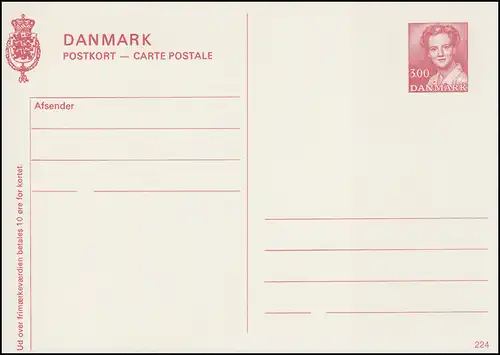 Dänemark Postkarte P 281 Königin Margrethe 3,00 Kronen, Kz. 224, **