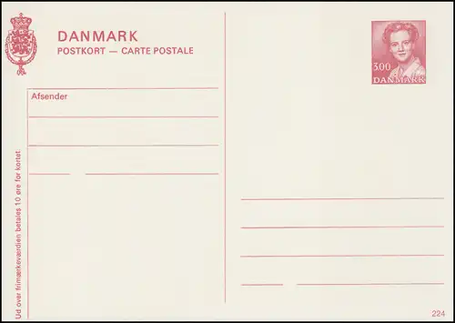 Danemark Carte postale P 281 Reine Margrethe 3,00 couronnes, Kz. 224, **