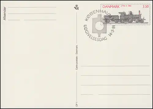 Danemark Carte postale P 282 Locomotive à vapeur 3,50 couronnes Kz. CP 1, ESSt 14.3.1991