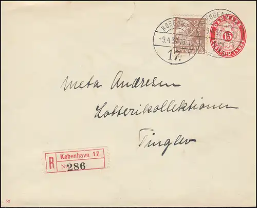 Dänemark Umschlag U 41x Ziffer 15 Öre Kz. 53, R-Brief aus KOBENHAVN 9.4.1937