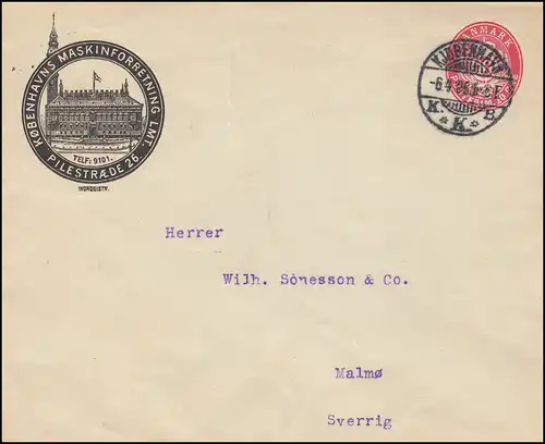 Danemark couverture U 18 chiffre 10 Öre, KJOBENHAVN K.K.B. 6.4.1908 vers MALMÖ 6.4
