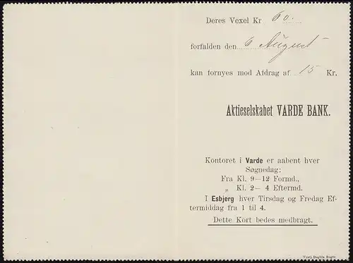 Danemark Cartes de crédit K 3, paragraphe 4 Öre, Aktien-Info Bank in VARDE 3 POST 29.7.