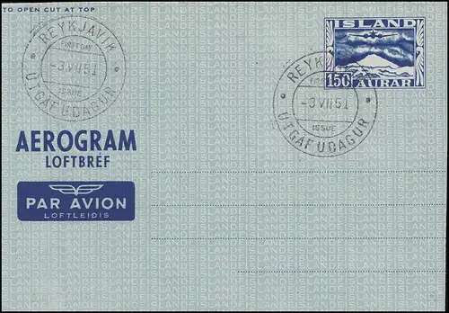 Islande Aérogramme LF 3I Hekla-Vulkan 150 A, Félicitations-O Premier jour 3.7.1951