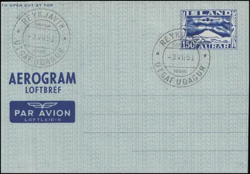 Islande Aérogramme LF 3I Hekla-Vulkan 150 A, Félicitations-O Premier jour 3.7.1951