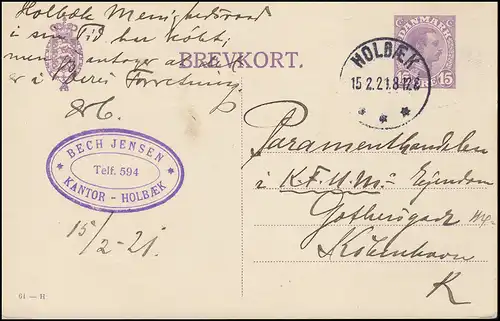 Dänemark Postkarte P 167II Christian X. 15 Öre Kz.61-H, Holbaek/Holbæk 15.2.1921