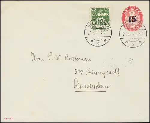Dänemark Umschlag U 36 Aufdruckausgabe 15 auf 20 Öre Kz. 40-Kl, HELSINGÖR 1937