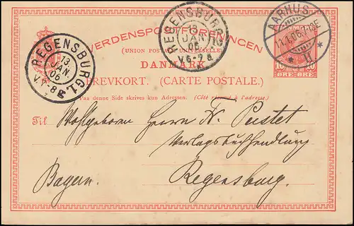 Danemark Carte postale P 129 Christian IX. 10 Öre, AARHUS 11.1.1906 vers REGENSBURG