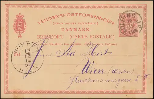 Danemark Carte postale des armoiries dans l'Ovale 10 Öre, KOLDING 10.12.1890 par WIENNE 12.12.90