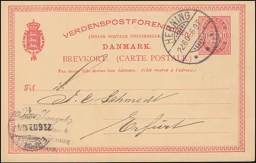 Dänemark Postkarte Wappen im Oval 10 Öre, HERNING 22.6.1902 nach ERFURT 23.6.02
