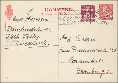 Dänemark Postkarte P 239 Frederik IX. 5+30 Öre, Kz. 173, KØBENHAVN 8.6.1956