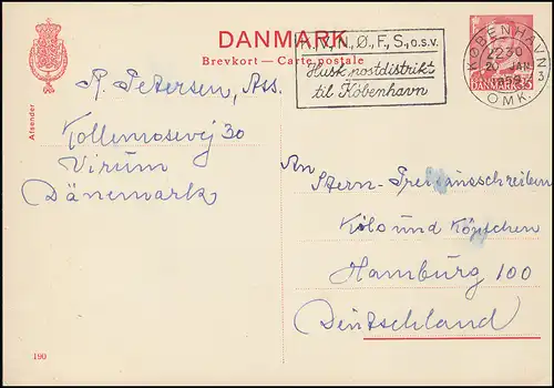 Danemark Carte postale P 244 Frederik IX. 35 Öre, Kz. 190, Kobenhavn 20.1.1959