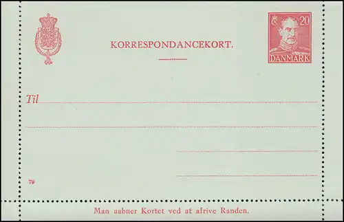 Dänemark Kartenbrief K 57I König Christian X. 20 Öre, Kz. 79, **