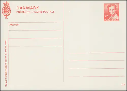 Danemark Carte postale P 279 Reine Margrethe 2,70 couronnes, Kz. 222, **