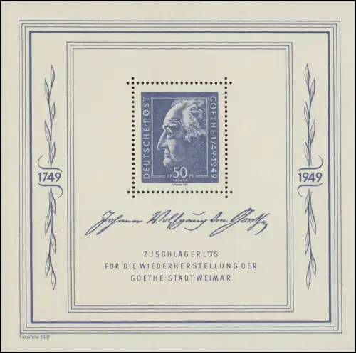 Sonderdruck Goethe-Block der SBZ 1949 FAKSIMILE 1981