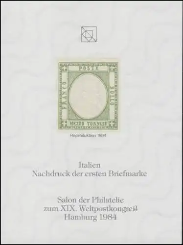 Impression spéciale Italie n° 1 Nouvelle impression Salon Hambourg 1984 FAKSIMILE