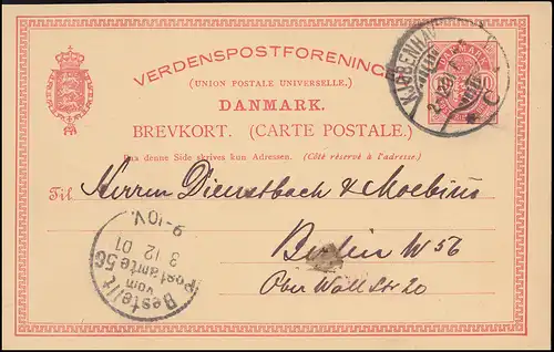 Dänemark Postkarte Wappen im Oval 10 Öre, KJOBENHAVN 2.12.1901 nach BERLIN
