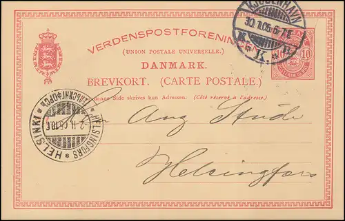 Dänemark Postkarte Wappen im Oval 10 Öre, KJOBENHAVN 30.1.1905 nach HELSINKI