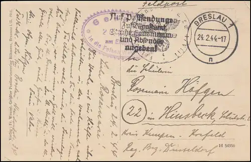 BS Feldbekleidungsamt Luftwaffe 1/VIIII, AK Wekelsdorfer Felsen, BRESLAU 24.2.44