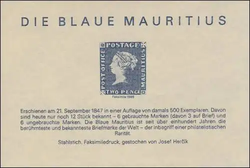 Impression spéciale L'île bleue de l'Eau Maurice 1986 FAKSIMILE