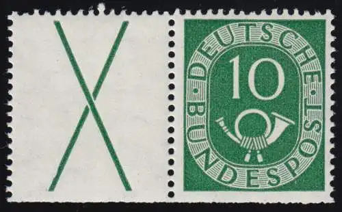 W 1 Zusammendruck Posthorn X+10, mit PLF I Delle im Kreuz, Heftchenzähnung, **