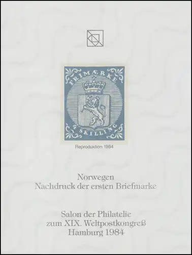 Sonderdruck Norwegen Nr. 1 Neudruck Salon Hamburg 1984 FAKSIMILE
