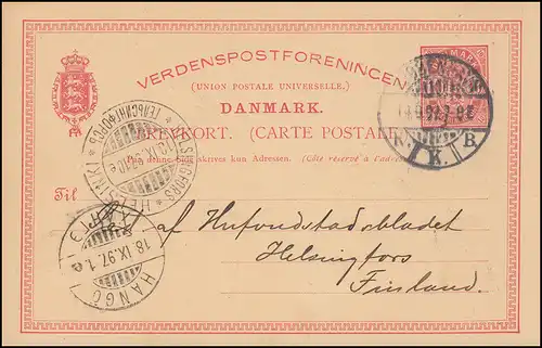 Dänemark Postkarte Wappen im Oval 10 Öre, KJOBENHAVN 14.9.1897 nach HELSINKI