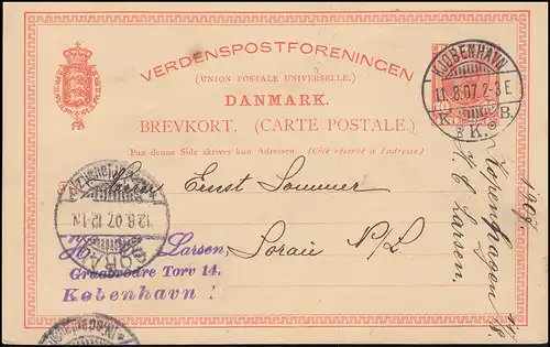 Dänemark Postkarte Frederik VIII. 10 Öre, KJOBENHAVN 11.8.1907 nach SORAU 12.8.