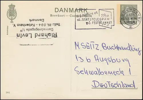 Danemark Carte postale P 250 Frederik IX. 25 Öre, Kz. 202, JOBENHAVN 19.3.1964