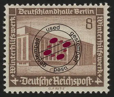 638 Winterhilfswerk Deutschlandhalle 8 Pf, gestempelt O